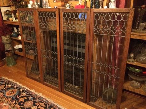 Rare Vintage Set Of 4 Antique Leaded Glass Oak Cabinet Doors 2 Matched