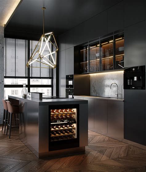 Dark Apartment In Moscow On Behance Modern Kitchen Design Kitchen