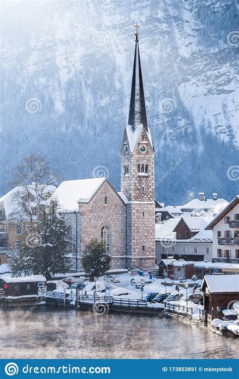 Hallstatt Church Tower During Winter Sunrise Salzkammergut Austria