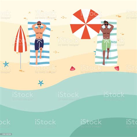 interracial men on the beach practicing social distance stock illustration download image now