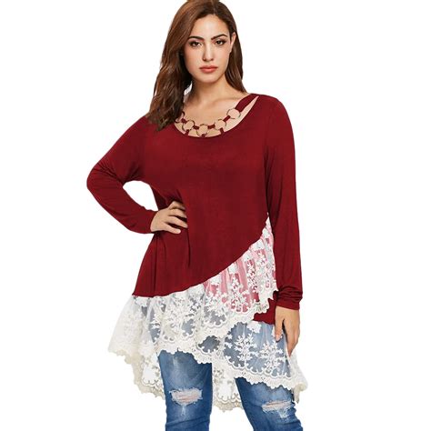 Sovalro Plus Size Lace Trim Layered Tops Women Patchwork O Rings Round