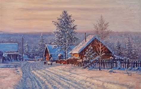 Winter Village Landscape By Alexander Volya Original Oil