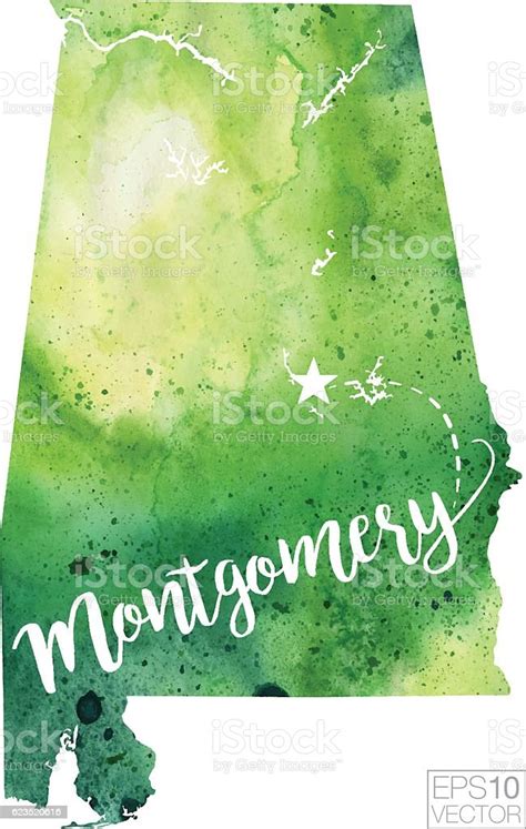 Montgomery Alabama Usa Vector Watercolor Map Stock Illustration