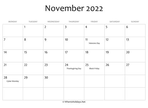 November 2022 Calendar Printable With Holidays Whenisholidaysnet