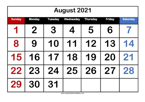 Monthly calendar for the month august in year 2021. Printable August 2021 Calendar Template - PDF, Word, Excel