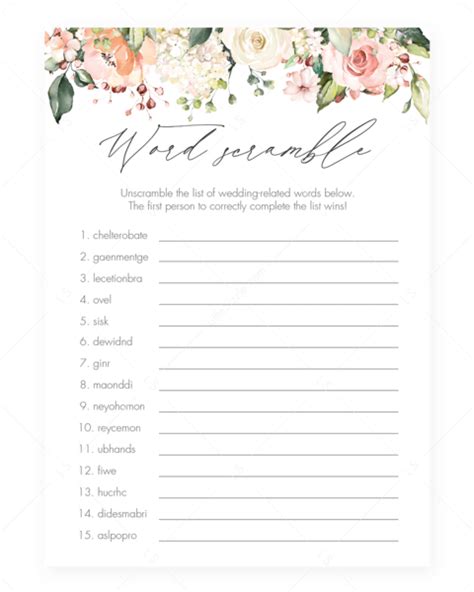 Rosy Floral Word Scramble Bridal Shower Game Printable Instant