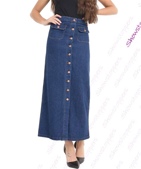 Womens Long Denim Skirt Ladies Button Skirts New Size 8 10 12 14 16