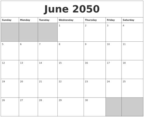 June 2050 Blank Printable Calendar