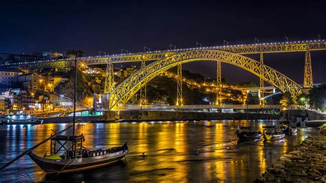 Pictures Oporto Portugal Bridge River Boats Night Street 1920x1080