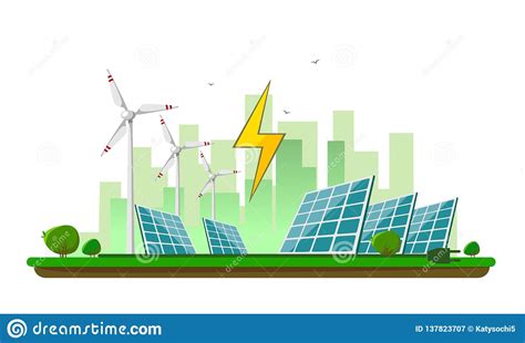 Ilustração Do Vetor Da Energia Elétrica Limpa Das Fontes Renováveis Sol E Vento No Branco