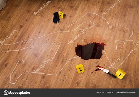 Chalk Outline And Knife In Blood At Crime Scene Stock Photo By ©syda