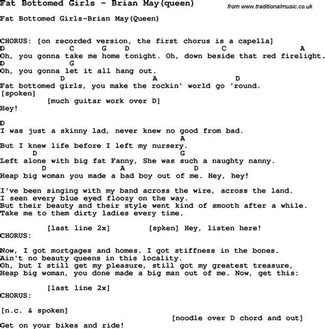 Song Fat Bottomed Girls By Brian Mayqueen Song Lyric For Vocal