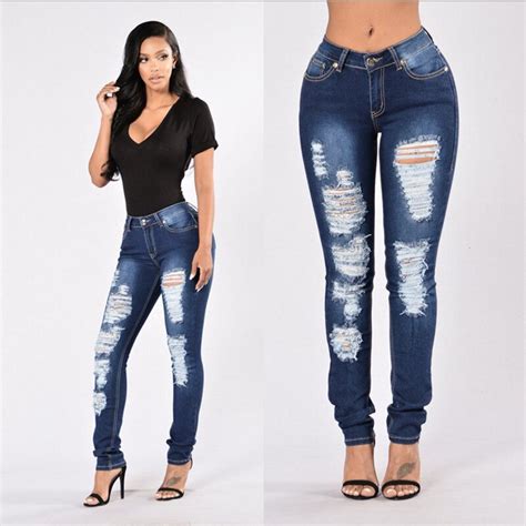 Wkoud 2018 Plus Size Women Sexy Jeans Fashion Skinny Punk Bleached