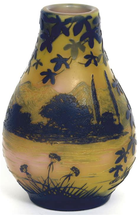 A De Vez Cameo Glass Vase Tapering Pear Shaped Form Yellow Glass Cased In Blue With A Lakeside