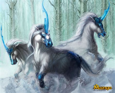 Two White And Blue Unicorns Running Through The Snow In Front Of Some