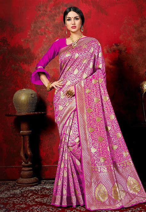 Magenta Banarasi Silk Festival Wear Saree With Frill Sleeve 167154