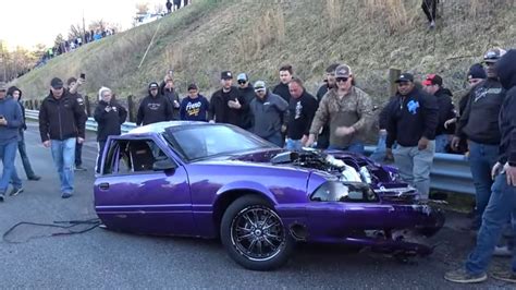 ford mustang wrecks out big on drag strip