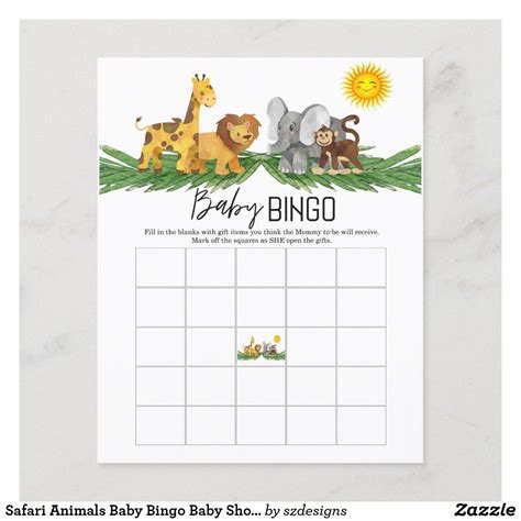 Safari Animals Baby Bingo Baby Shower Game Zazzle Baby Bingo Baby