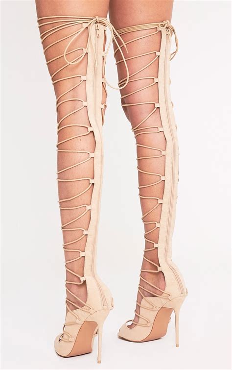 Colleen Nude Thigh High Lace Up Heeled Sandals Heels Prettylittlething