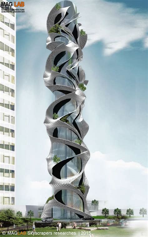 A Tall Building That Has A Spiral Design On The Front And Side With