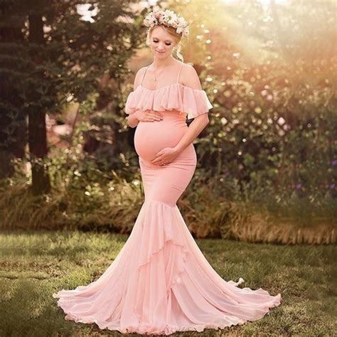 buy maternity dress chiffon dress front slit lace pregnant woman trailing off shoulder