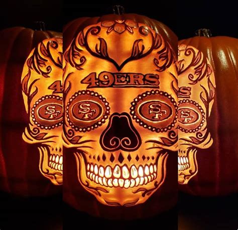 Hand Carved 49ers Skull On Foam Pumpkin With Images