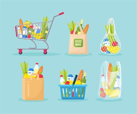 Premium Vector Set Of Shopping Bags Basket Cart Trolley Grocery