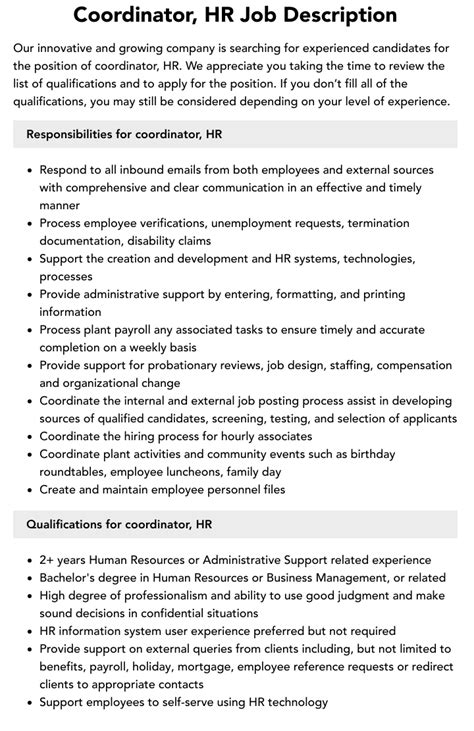 Coordinator Hr Job Description Velvet Jobs