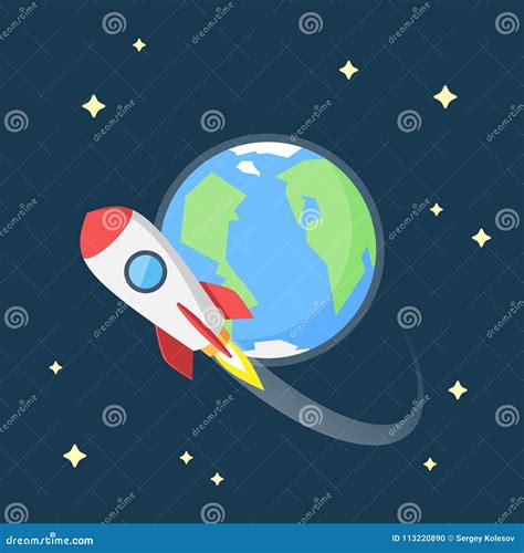Rocket Flying In Space Around The Earth Stock Vector Illustration Of