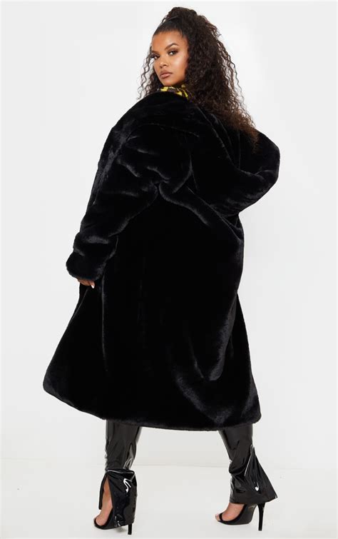 plus black longline faux fur coat plus size prettylittlething