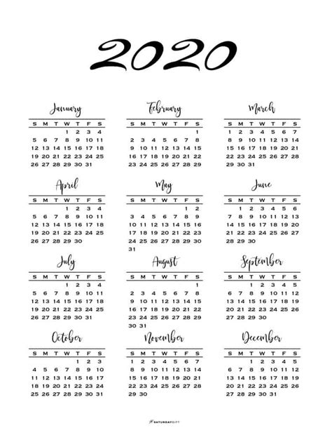2019 2020 Calendar Printable One Page