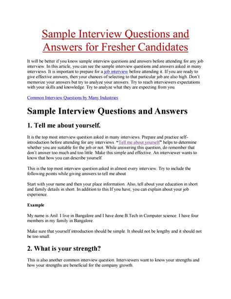 How to answer 14 most common interview questions + sample answers. Sample interview questions and answers for fresher ...