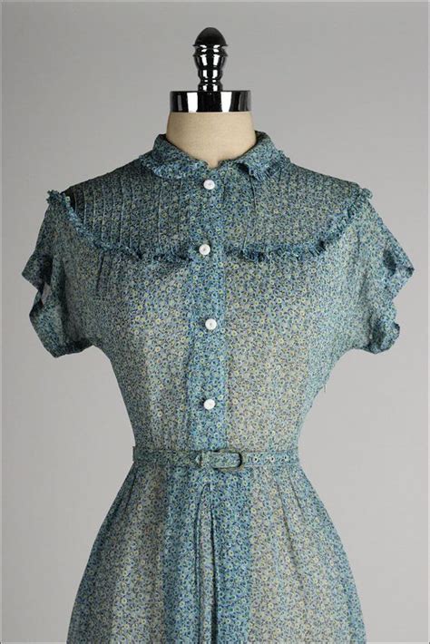 vintage 1940s dress sheer blue chiffon calico print ruffle collar 4449 patrones de