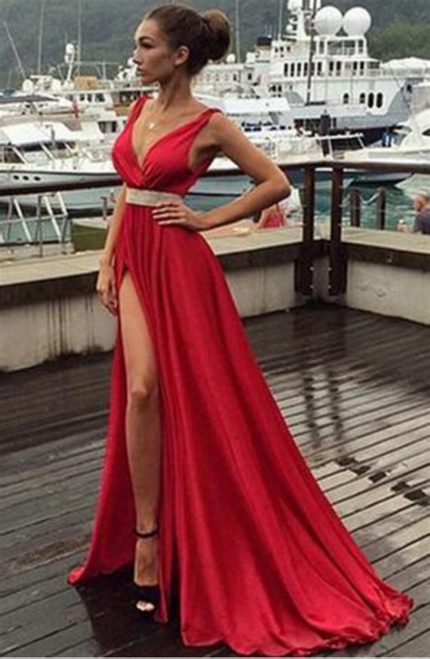 sexy high split side red prom dresses deep v neck sash beaded side slit a line long formal
