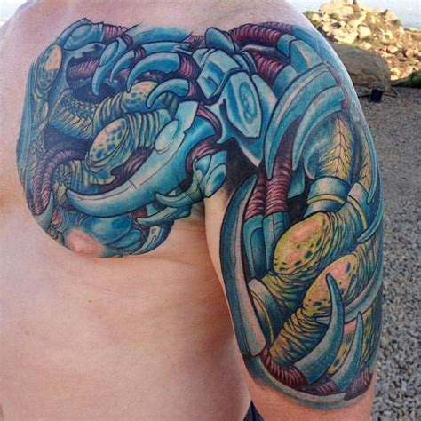 Color Biomech Chestarm Tattoo By Jeff Johnson Tattoos Tattoos Arm