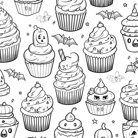Halloween Coloring Book Pattern With Scary Cupcakes Cream Bat