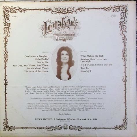 Loretta Lynn Coal Miners Daughter Back Loretta Lynn Music Album