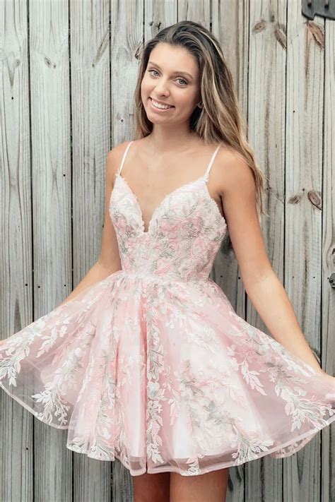 pink spaghetti straps lace short prom dresses homecoming dresses mhl114 in 2020 lace