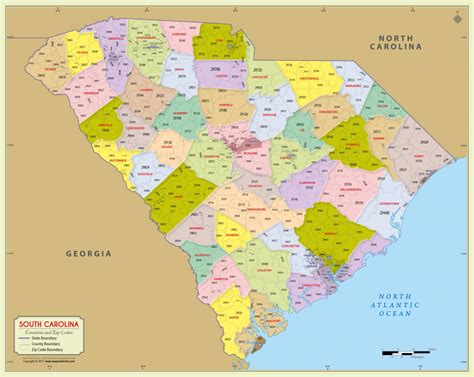 South Carolina Zip Code Map With Counties 48″ W X 38″ H For South