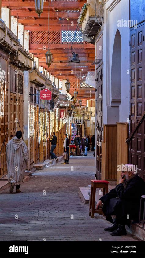 Morocco Fes Medina Souk Inside The Medina Alleys With Wooden Beams And