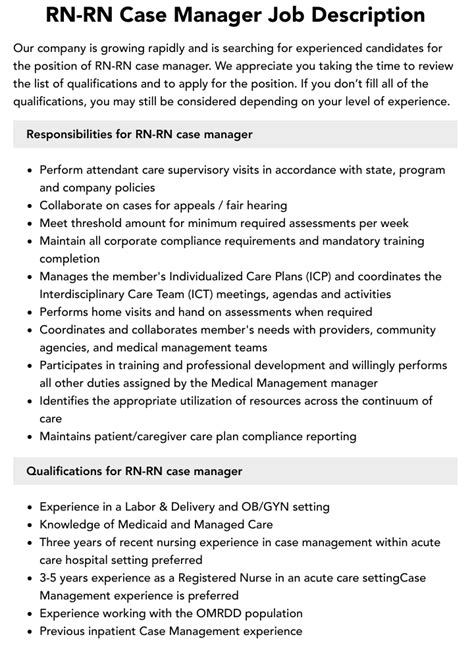 Rn Rn Case Manager Job Description Velvet Jobs