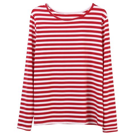 Puloru Puloru Leisure Women Red White Striped Long Sleeve T Shirt