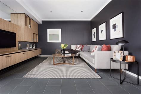 Dark Grey Living Room Wall With Floor Tiles In Living Room From Metricon 