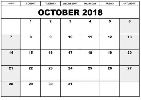 October 2018 Calendar Template Pdf And Document Oppidan Library