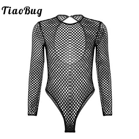 Tiaobug Fashion Women One Piece Fishnet Bodysuit See Through Sheer Long Sleeve High Cut Leotard