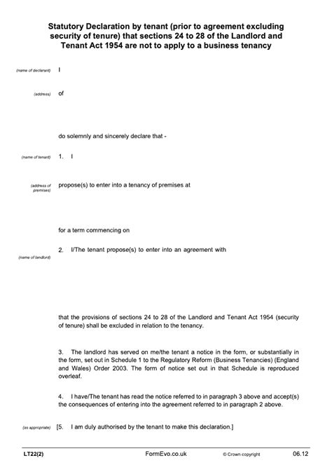 Lt222 Statutory Declaration By Tenant Prior To Agreement Excluding