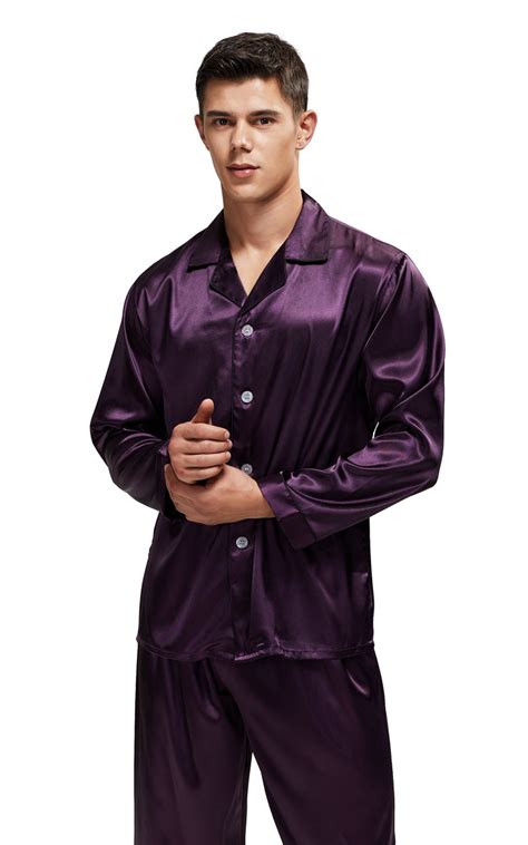 Mens Silk Satin Pajama Set Long Sleeve Dark Purple With Black Piping Tony And Candice