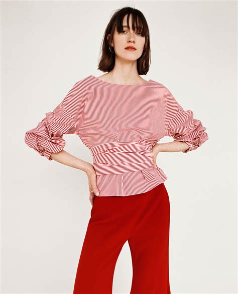 Zara Woman Striped Blouse With Pleated Sleeves And Bow Belt