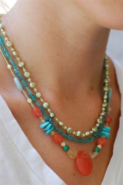 Multi Strand Beaded Necklace Coral And Turquoise Necklace Statement