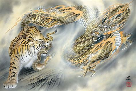 Tiger Vs Dragon Fantasy Art Asian Tiger Yellow Dragon Fight